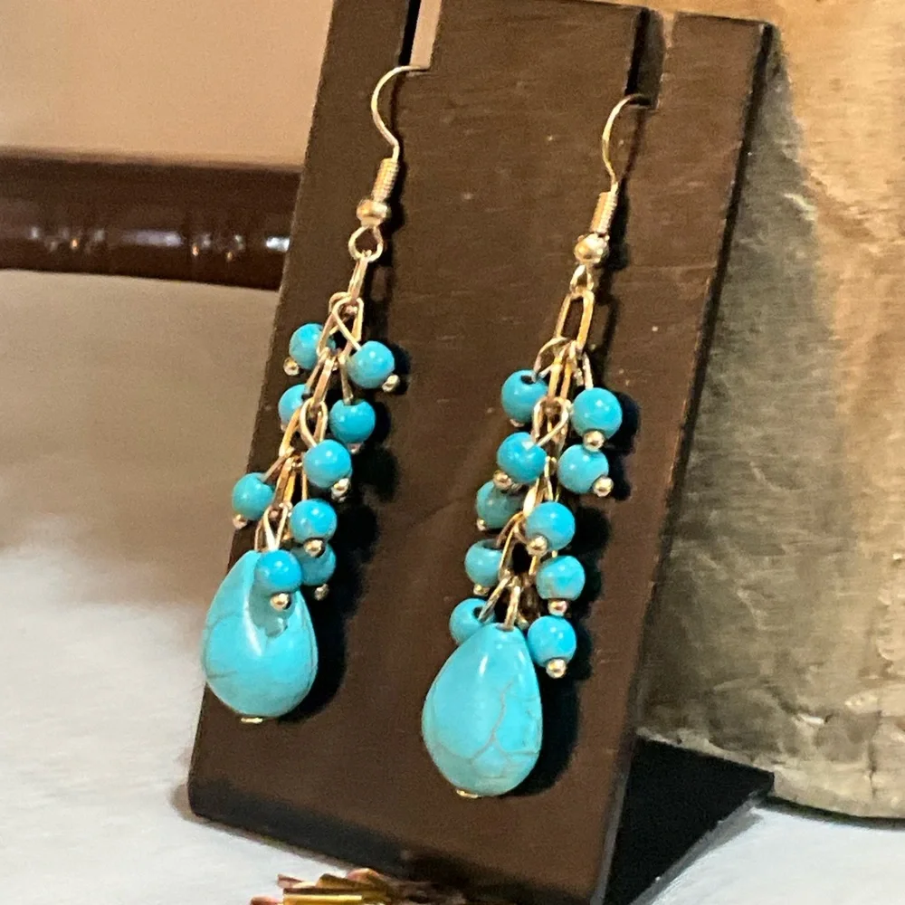 Turquoise and Gold Dangle Earrings - Picture 2 of 6